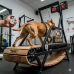 כלב חום מתאמן על הליכון מכני מעץ של DogMotion במכון אילוף, יד מחזיקה סטופר למדידת זמן הסשן