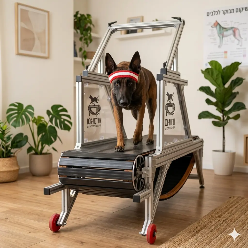 כלב מלינואה רץ על הליכון מכני של DogMotion באימון לשיפור סיבולת לב-ריאה