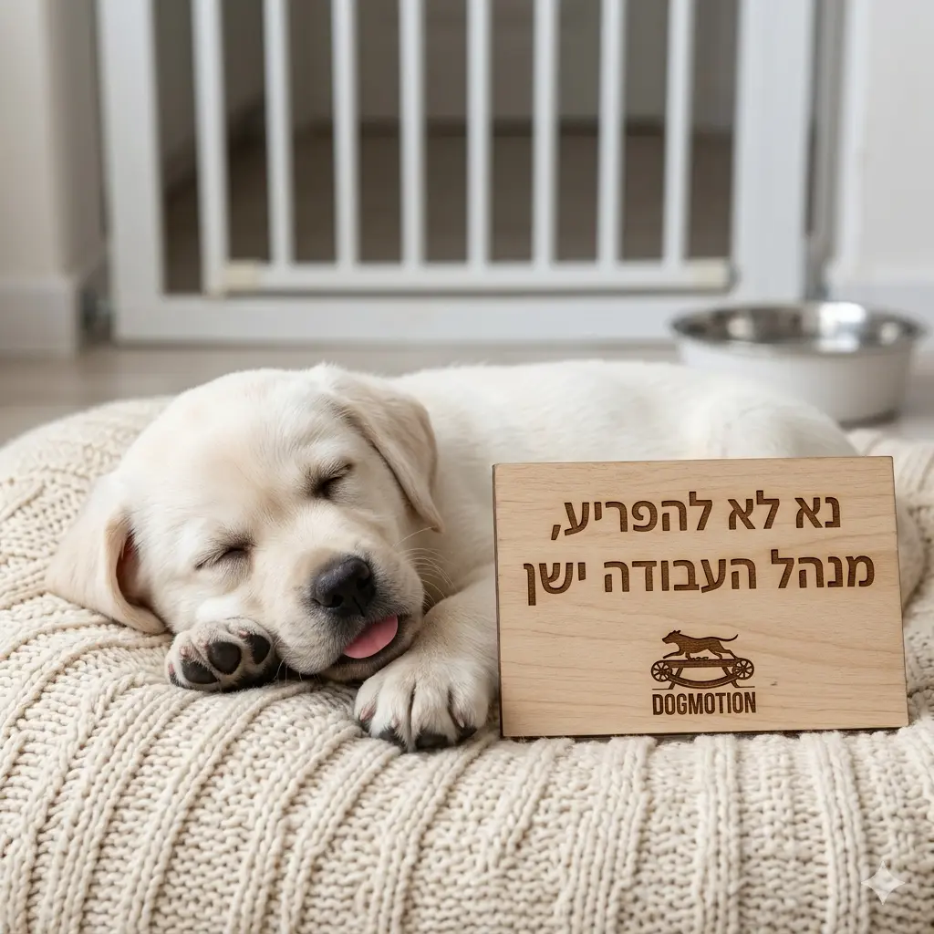 גור לברדור צעיר ישן רגוע על מיטה רכה בבית, באזור הבטוח שלו ליד גדר גורים