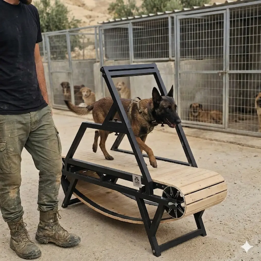 מלינואה רץ עצמאית על הליכון מכני לכלבים בפנסיון תחת השגחת מטפל מקצועי